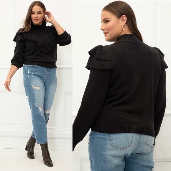 Eloquii Elements | Sweater Balloon Sleeve Ruffle Yoke Mixed Stitch Black - Picture 1 of 9